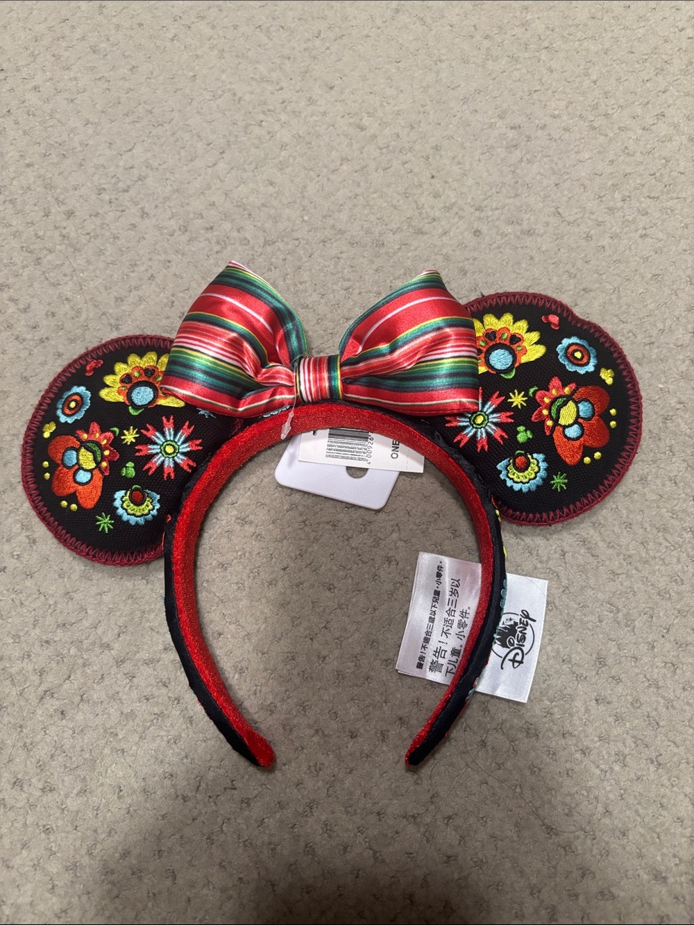 Disney Black Floral Embroidered Minnie Ears Headband with Red Striped Bow